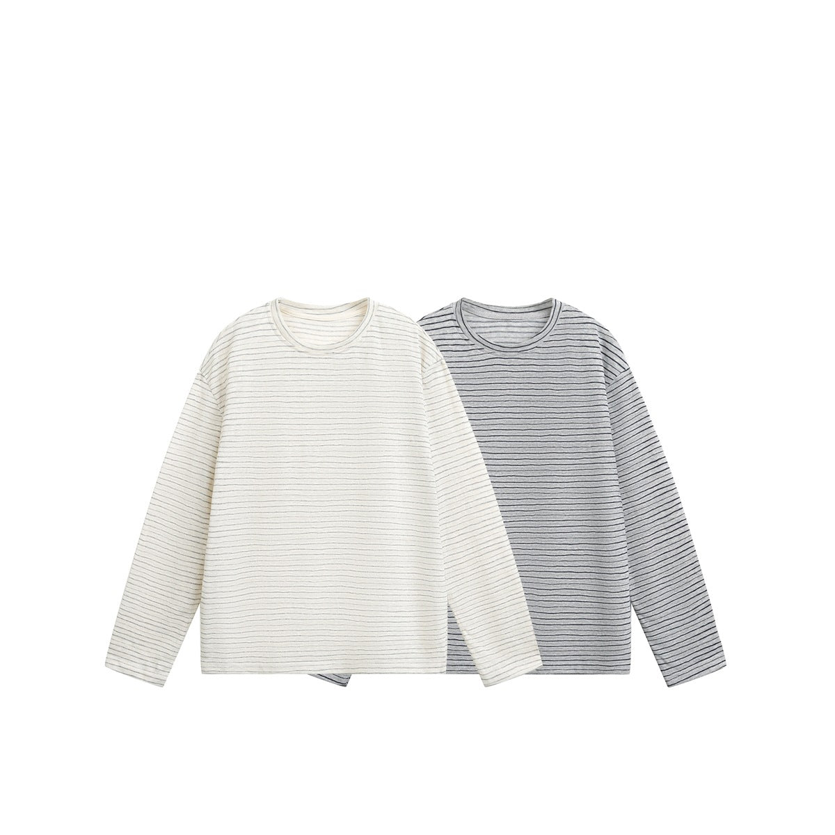 Two long-sleeve crew-neck shirts with fine horizontal stripes, one cream and one gray.