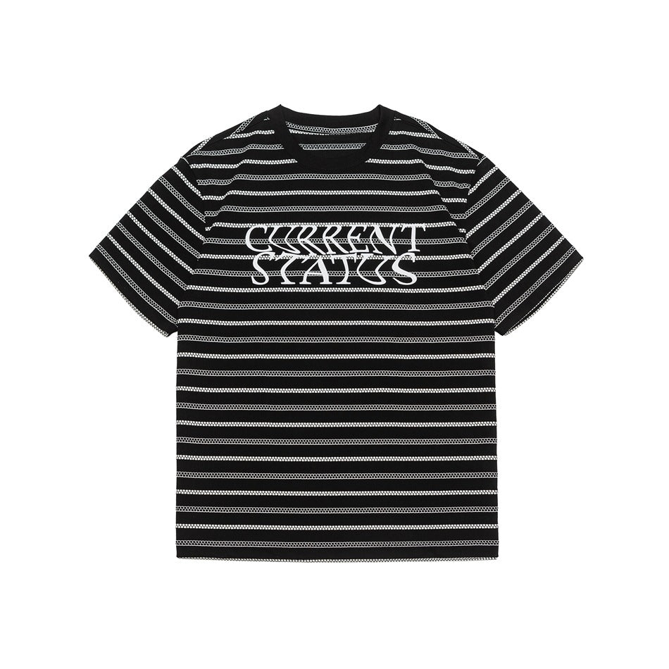 Black short-sleeve T-shirt with off-white textured stripes and a white CURRENT STATUS graphic on the chest