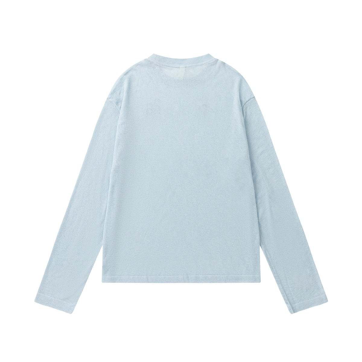 Back view of light blue long-sleeve crew-neck top with plain textured fabric, flat lay