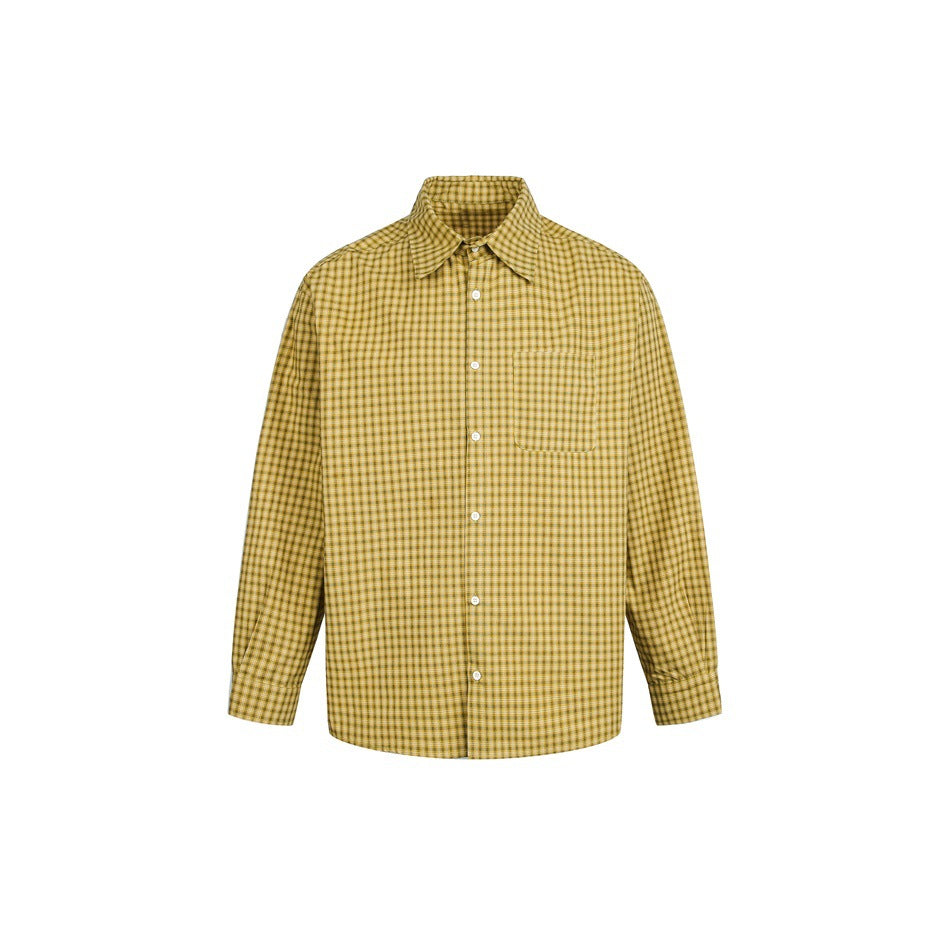Yellow fine-check long-sleeve button-up shirt with chest pocket, front view on white background