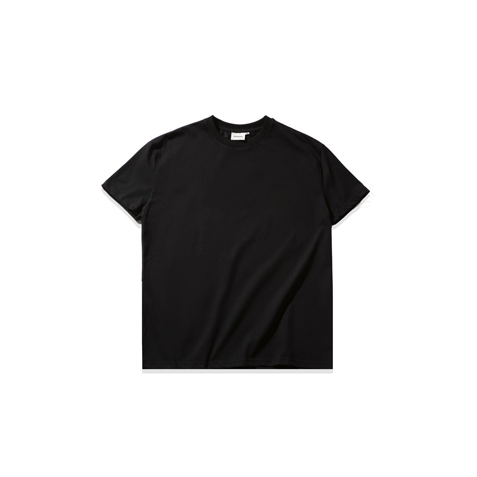 Black short-sleeve crew-neck T-shirt laid flat, front view