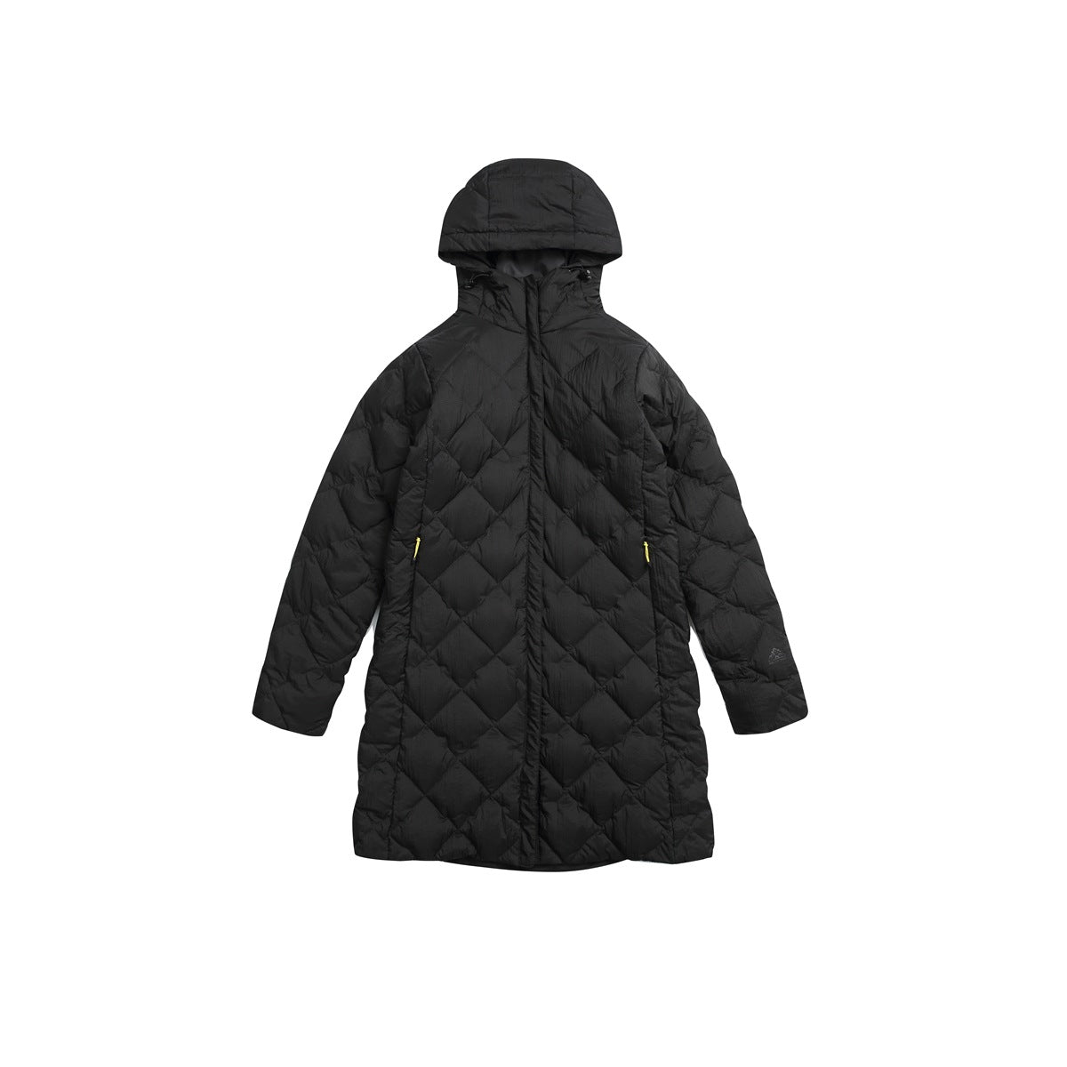 Black quilted long hooded jacket with diamond pattern and yellow zipper pulls, flat lay front view