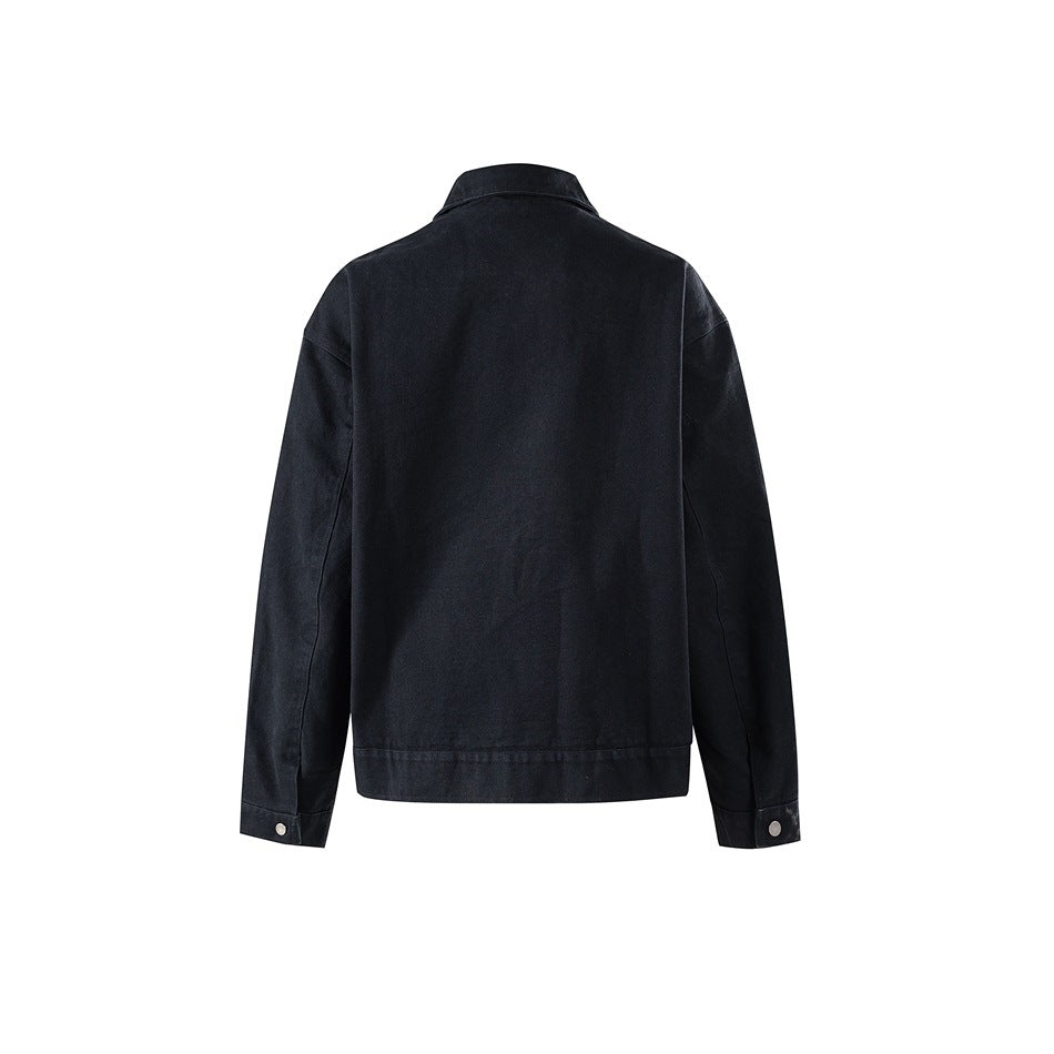 Back view of black jacket with collar, drop shoulders, long sleeves with snap cuffs and waist band