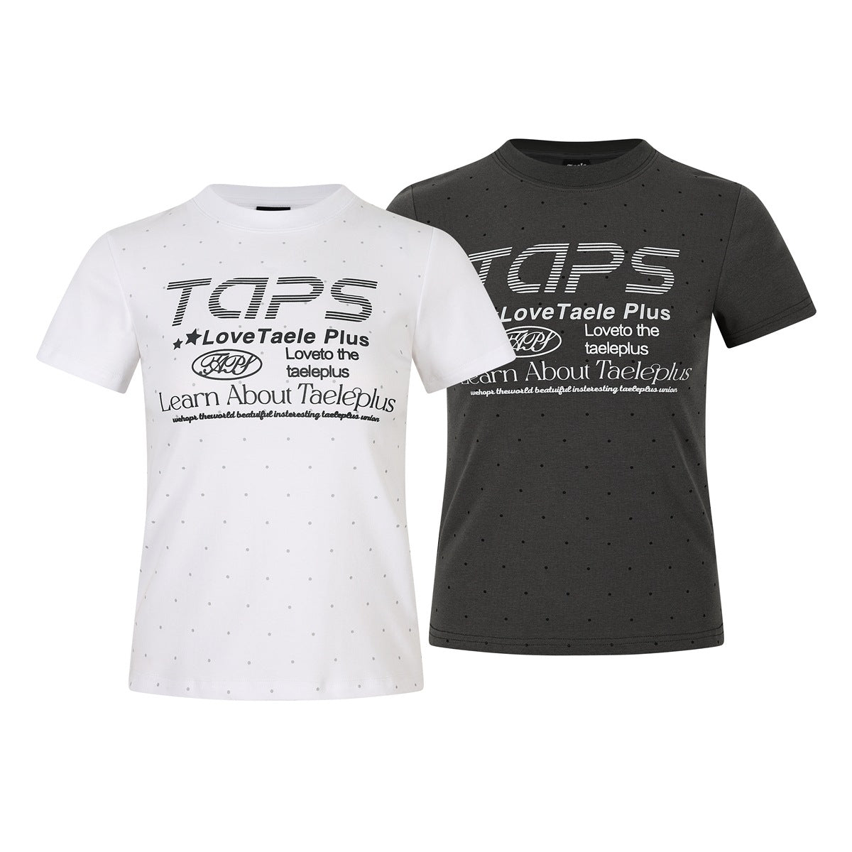 White and charcoal short-sleeve crew-neck T-shirts displayed side by side, with dotted patterns and large English chest