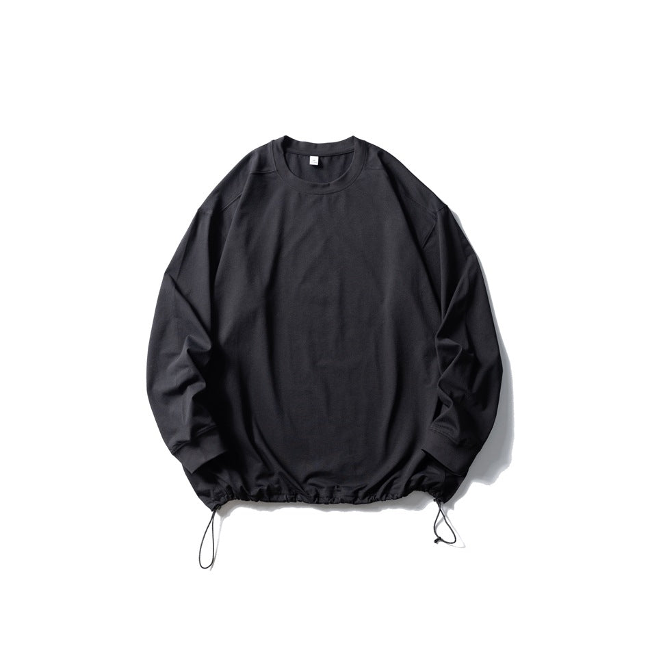 Black long-sleeve crew-neck top flat lay with drawstring hem and toggle cords