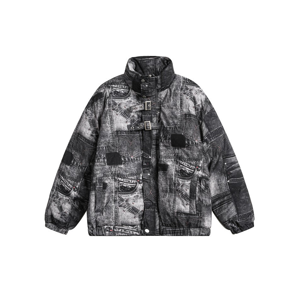 Black and gray denim-print stand-collar padded jacket with two buckle straps, flat front view on white
