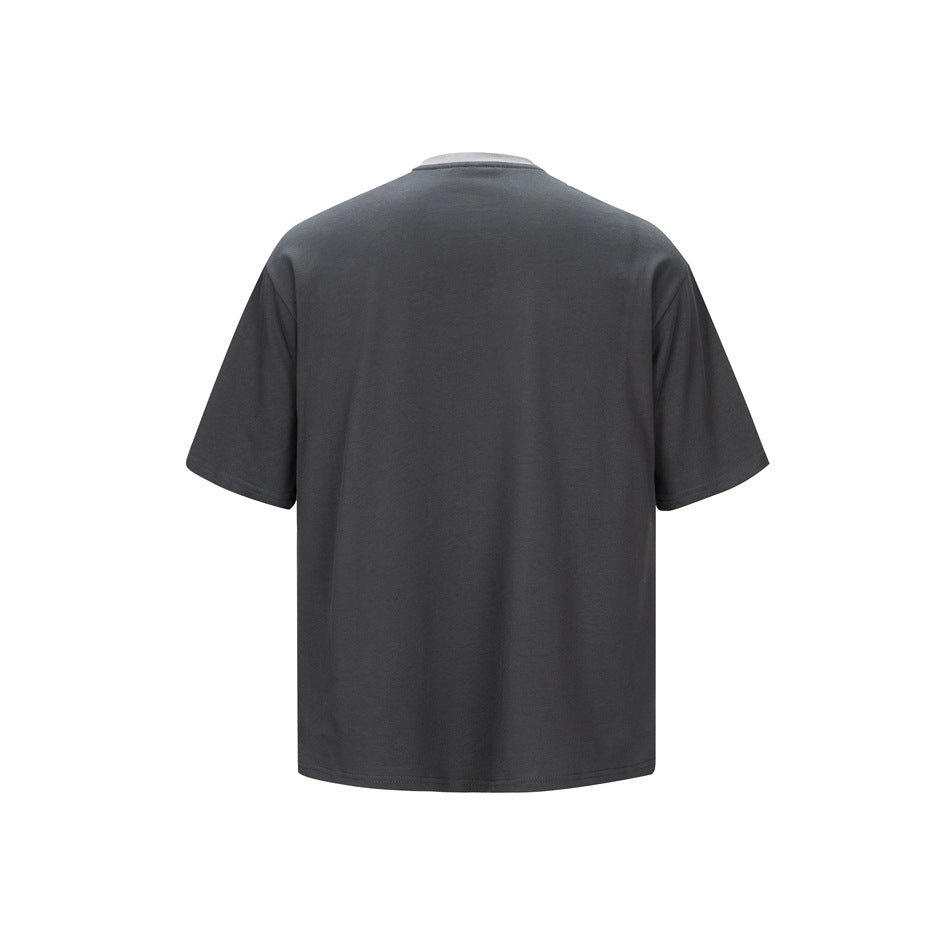 Back view of a plain charcoal short-sleeve T-shirt with a crew neck.