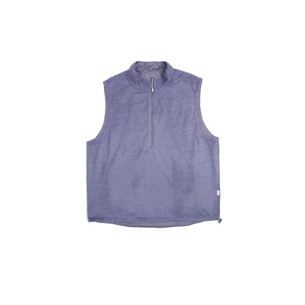 Lavender-gray sleeveless vest with a fuzzy outer texture, stand collar, and short front zipper, shown flat.