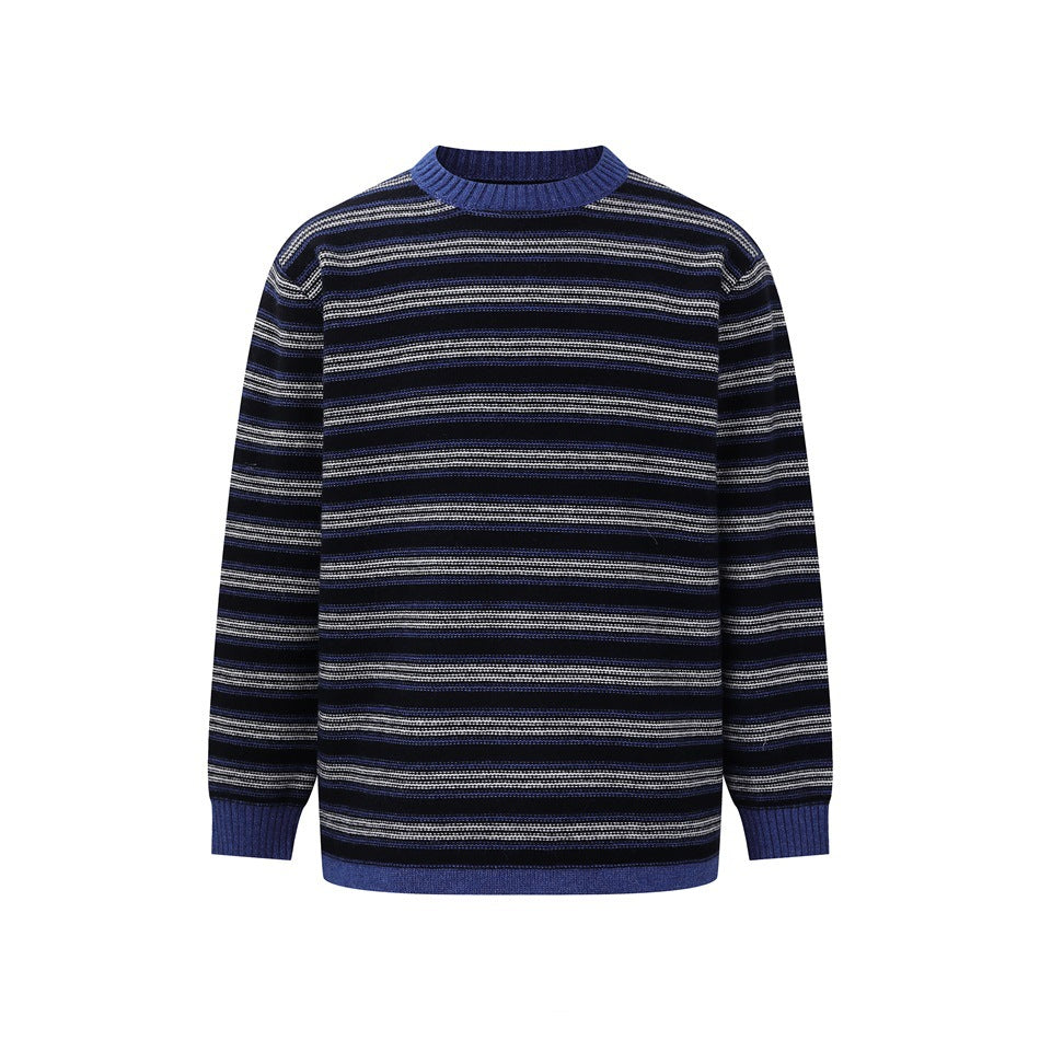 Flat-lay front of a navy-black crew-neck sweater with white stripes and blue ribbed collar, cuffs and hem