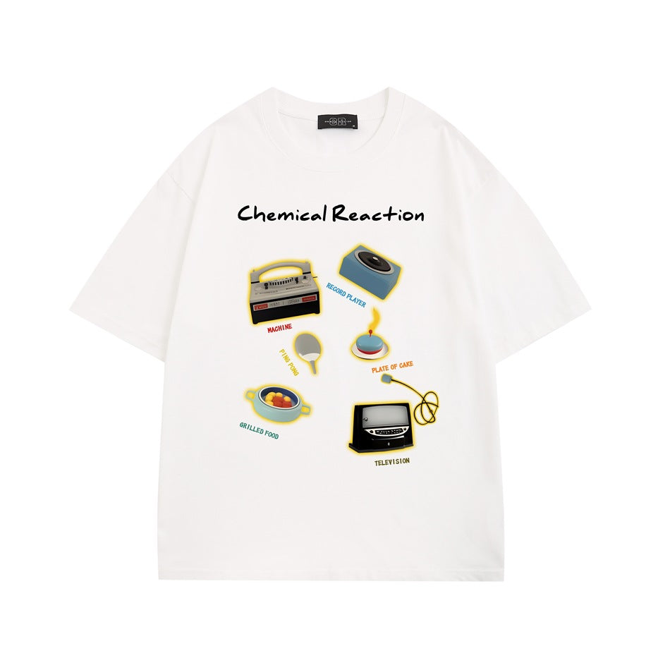 White short-sleeve crew-neck T-shirt with Chemical Reaction retro objects graphic on the chest