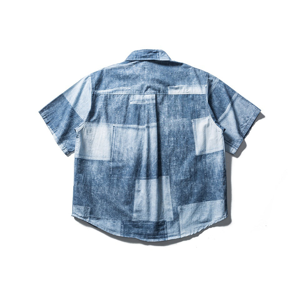 Back view of blue patchwork denim-look short-sleeve shirt laid flat