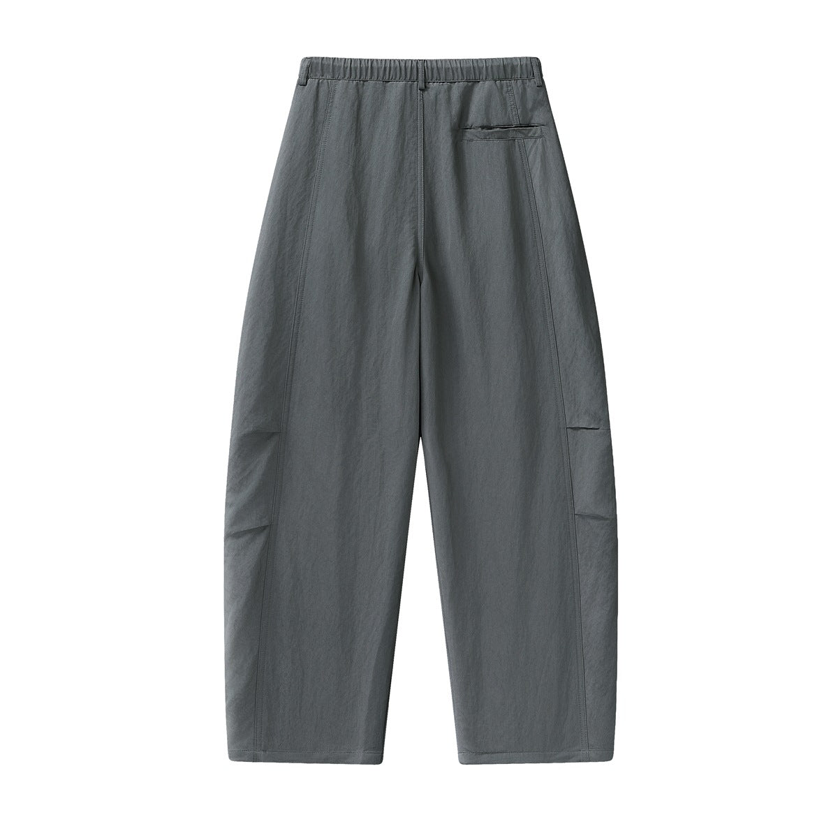 Gray wide-leg barrel pants back view with elastic waistband, welt pocket and side seam pleat details