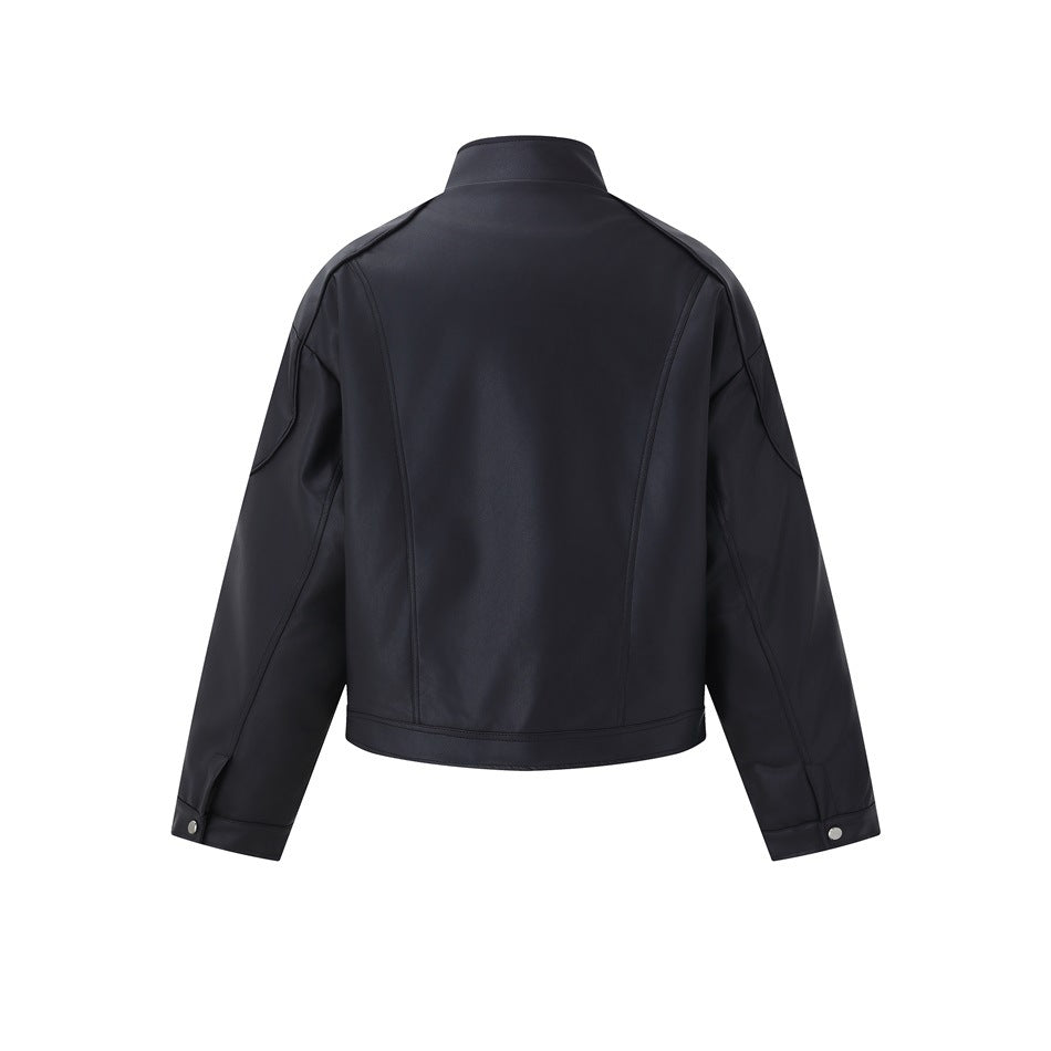 Back view of a black jacket with a stand collar, long sleeves, and stitched panel details.