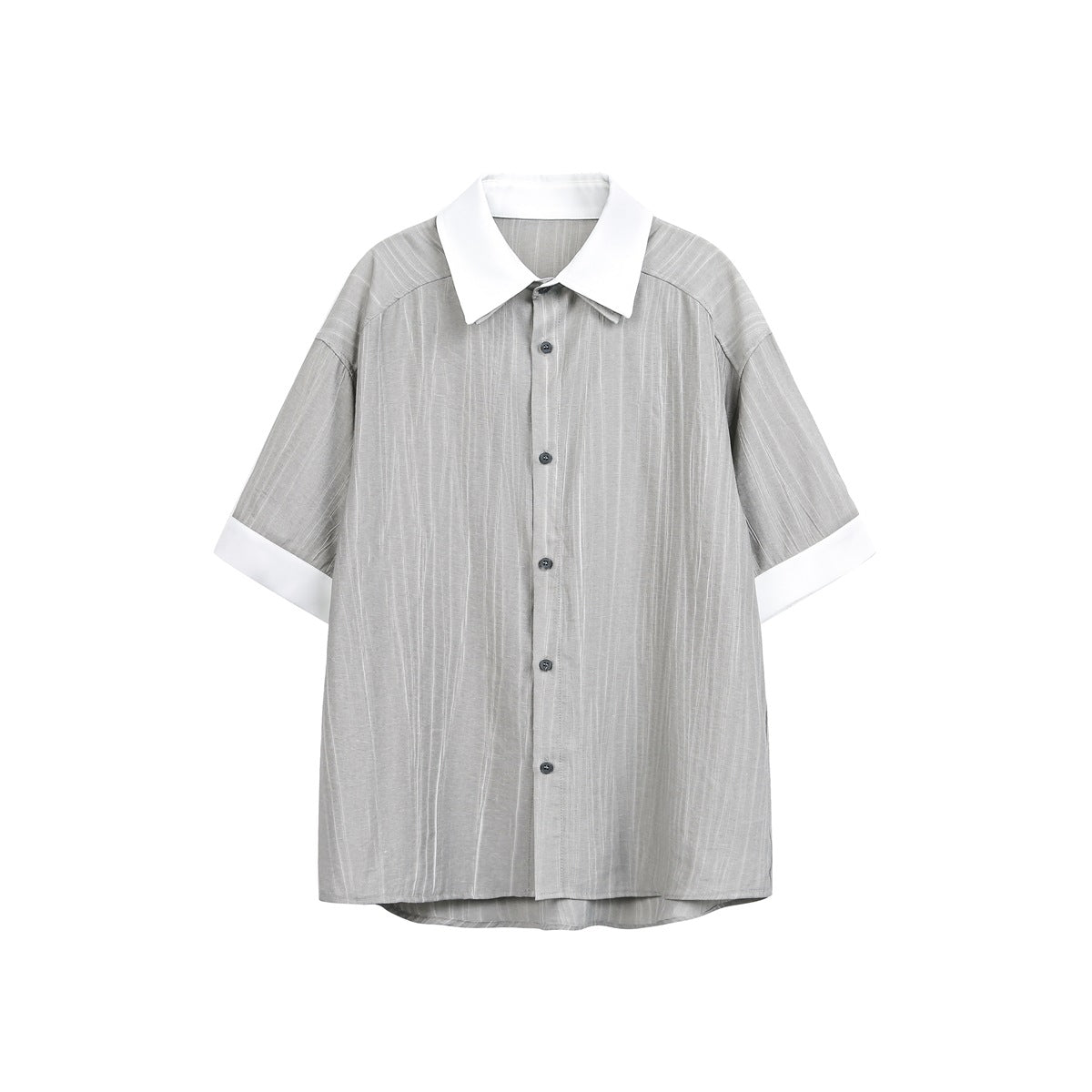 Gray short-sleeve button-up shirt with white collar and cuffs and crinkled vertical stripe texture, front view