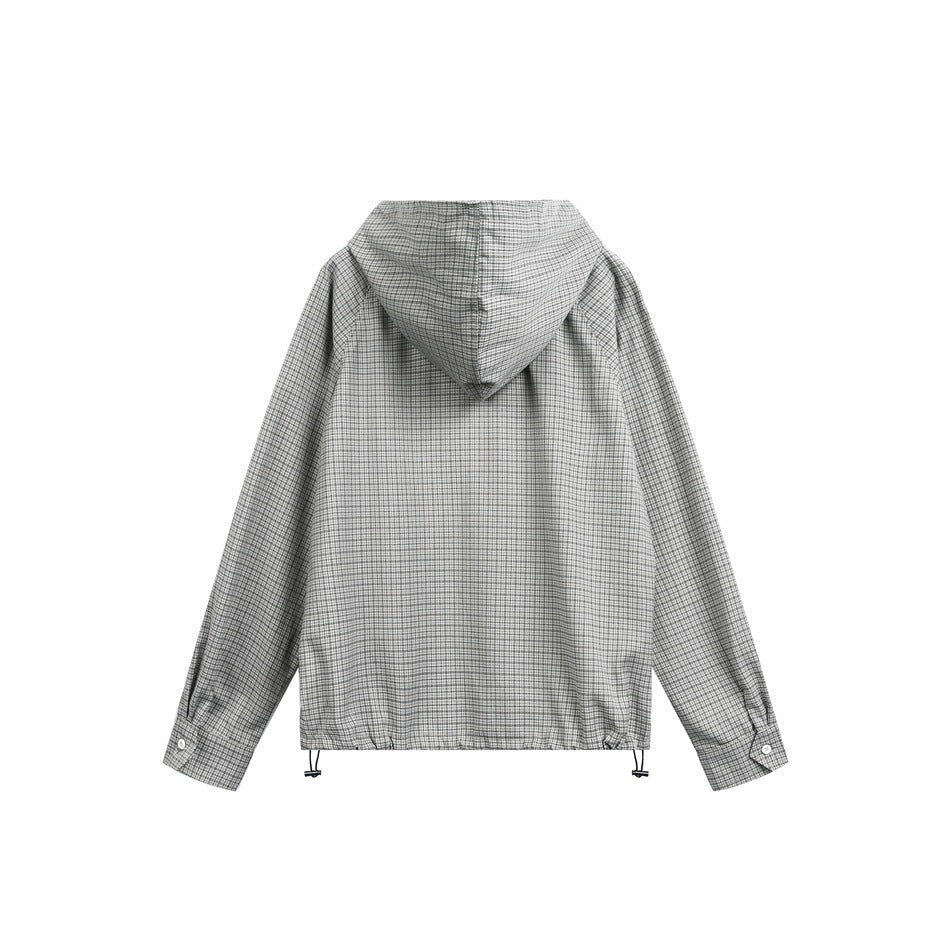 Back view of a gray checked hooded pullover laid flat, with long sleeves, button cuffs, and hem drawcords.