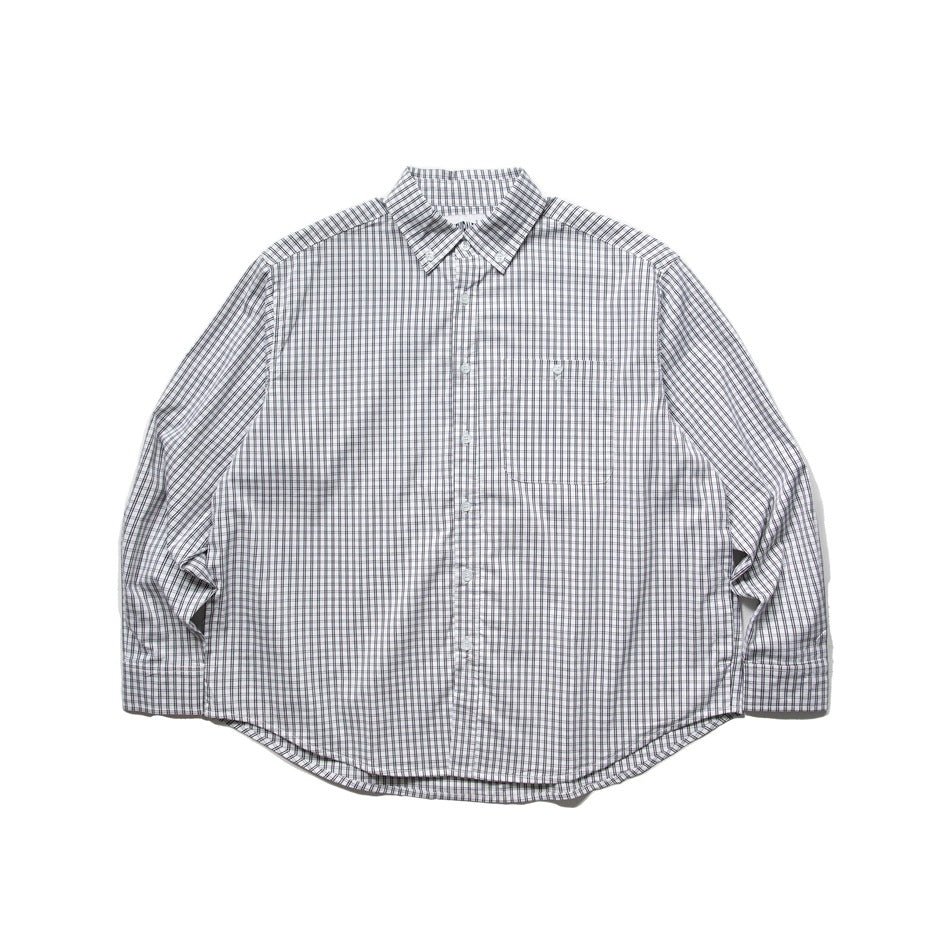 White button-down shirt with dark gray check pattern, chest pocket and curved hem, flat lay front view