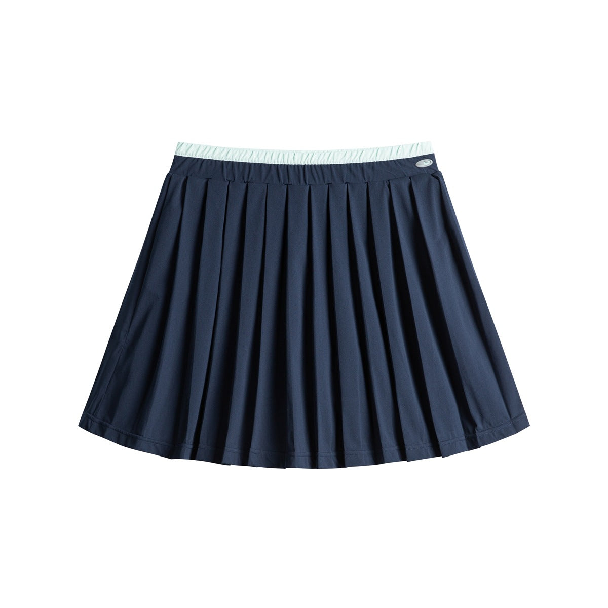 Dark navy pleated mini skirt with a light aqua contrast waistband, front flat view