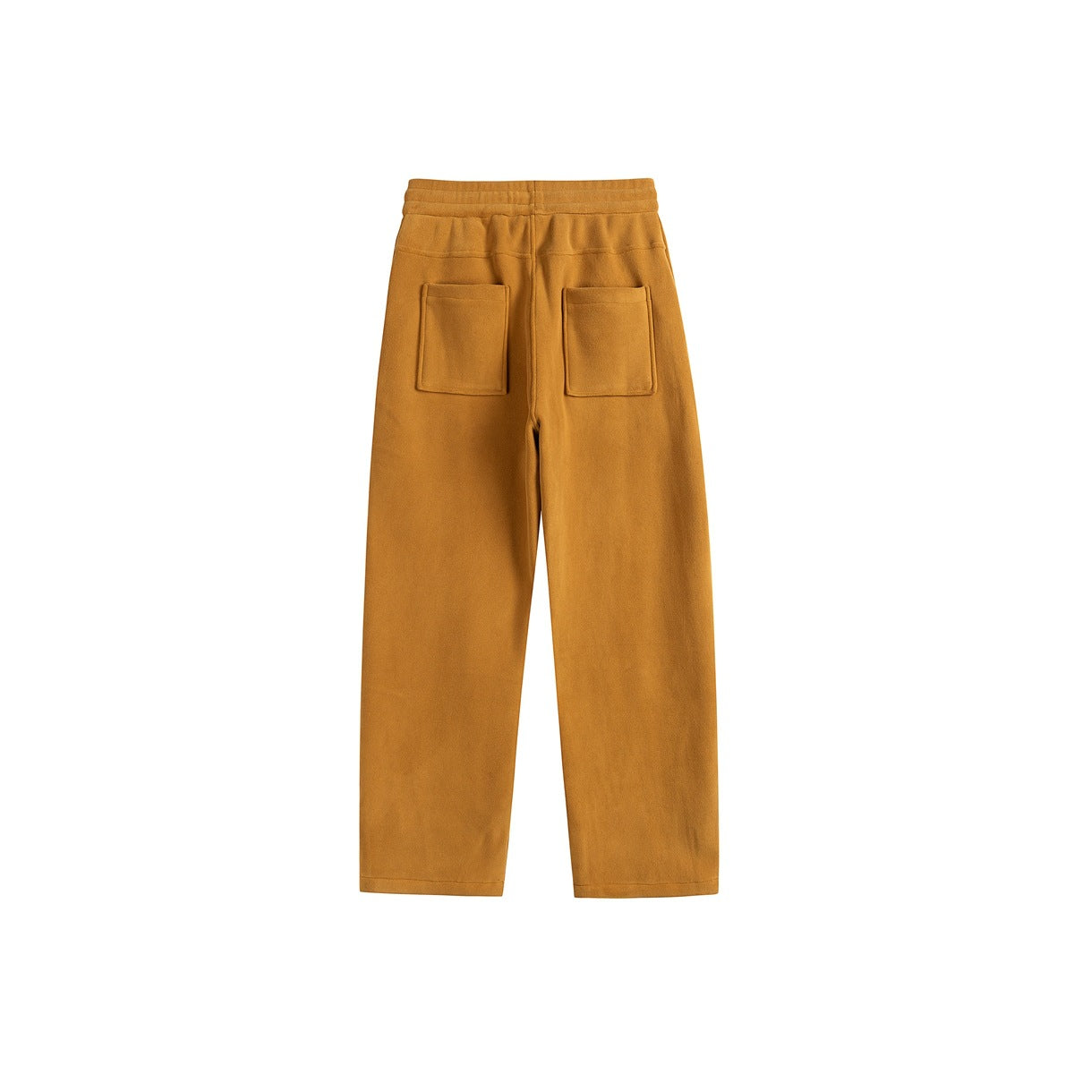 Mustard yellow sweatpants, flat back view showing two patch pockets and an elastic waistband