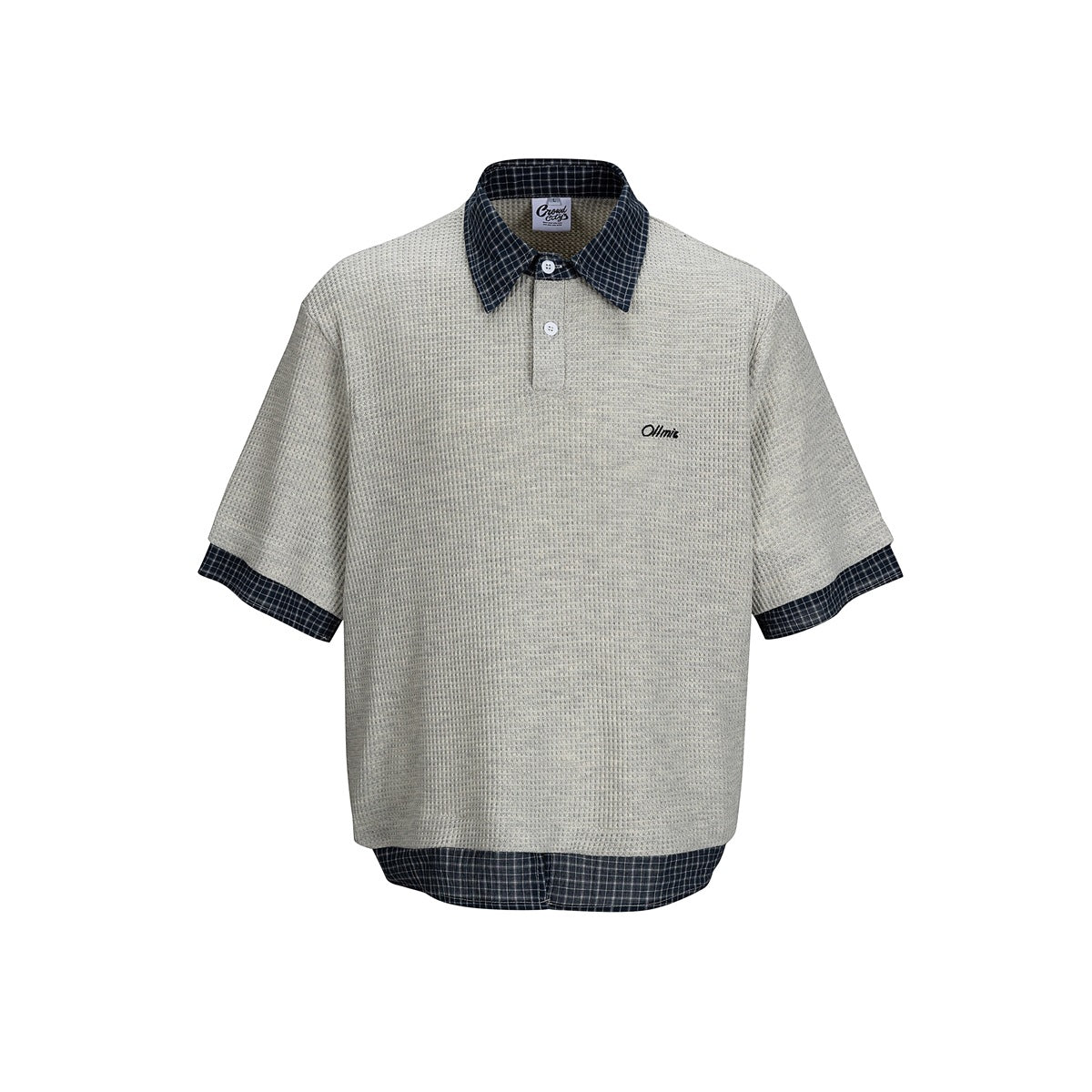 Heather gray waffle-knit polo-style top with navy plaid collar, cuffs and hem, front view