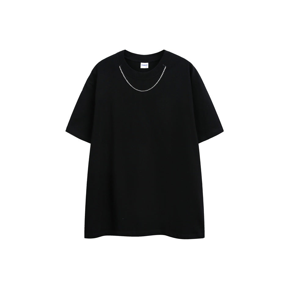 Black short-sleeve crewneck T-shirt with a silver-tone chain at the neckline, flat front view