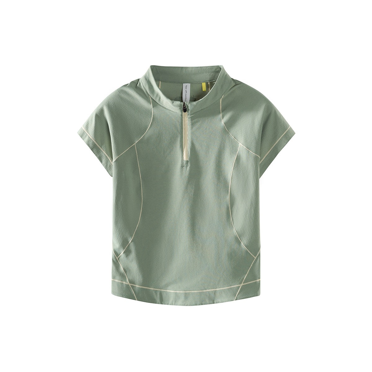 Sage green short-sleeve quarter-zip top with cream contrast topstitching and zipper tape, flat view