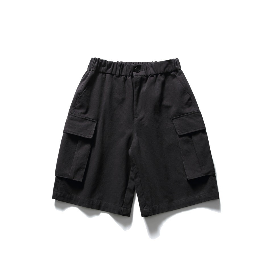 Black knee-length cargo shorts, front flat lay, elastic waistband, button and large flap leg pockets