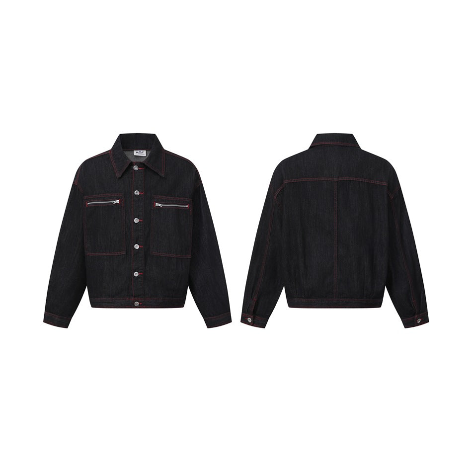 Black jacket with red stitching, silver buttons and zippered chest pockets, shown from front and back.