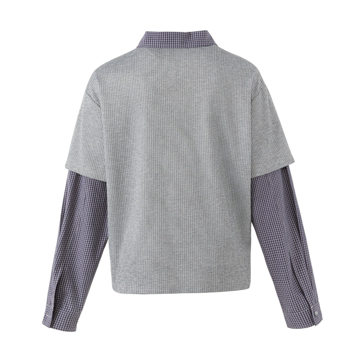 Back view of a gray short-sleeve top layered over dark checked long sleeves, on a white background.
