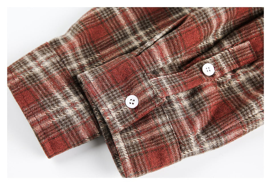 Close-up of a plaid shirt cuff with two white buttons and a buttoned cuff tab.