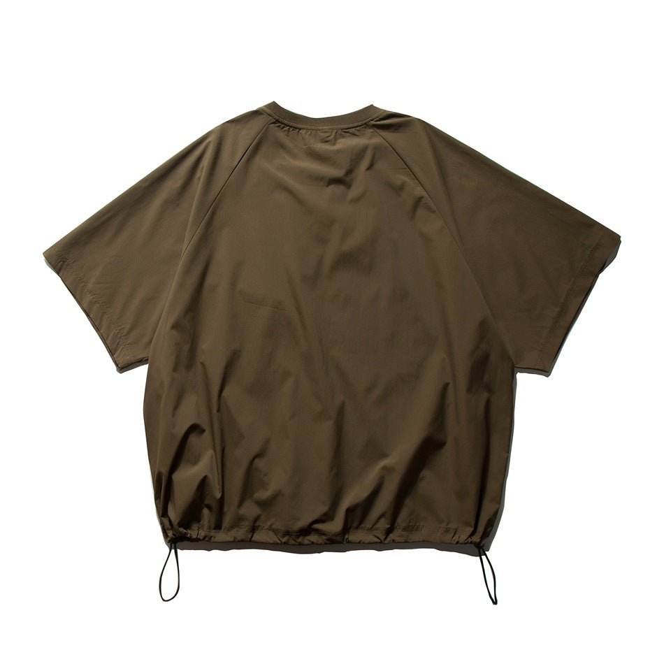 Coffee brown short-sleeve top back view with raglan sleeves, ribbed collar and drawcord hem, flat lay