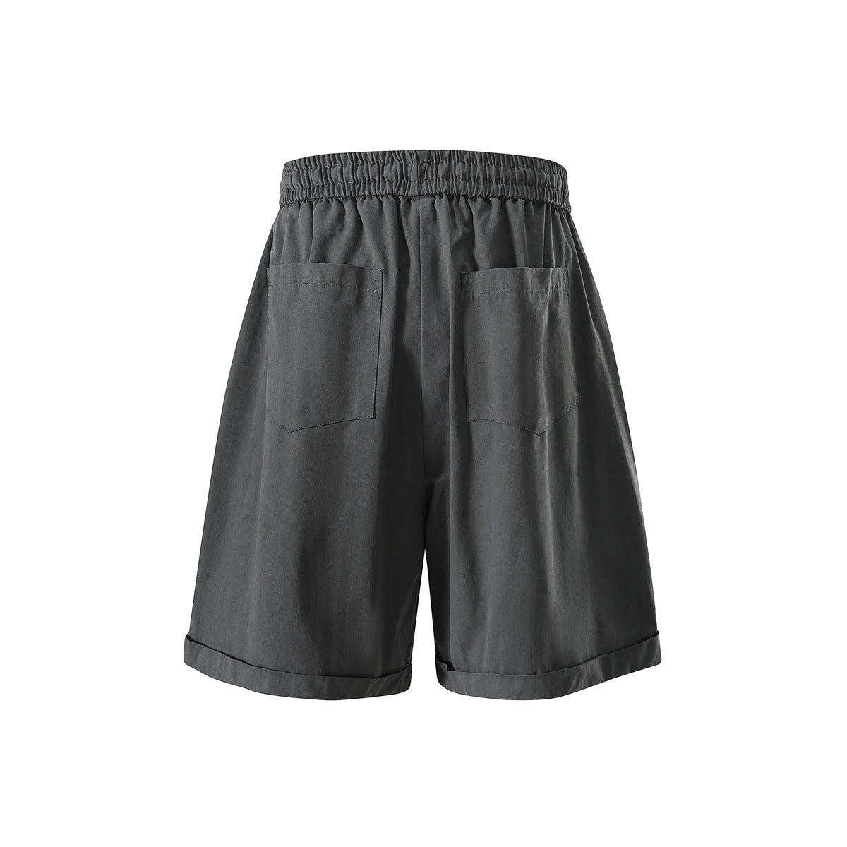 Dark gray wide-leg shorts back view with elastic waistband, two patch pockets and rolled cuffs