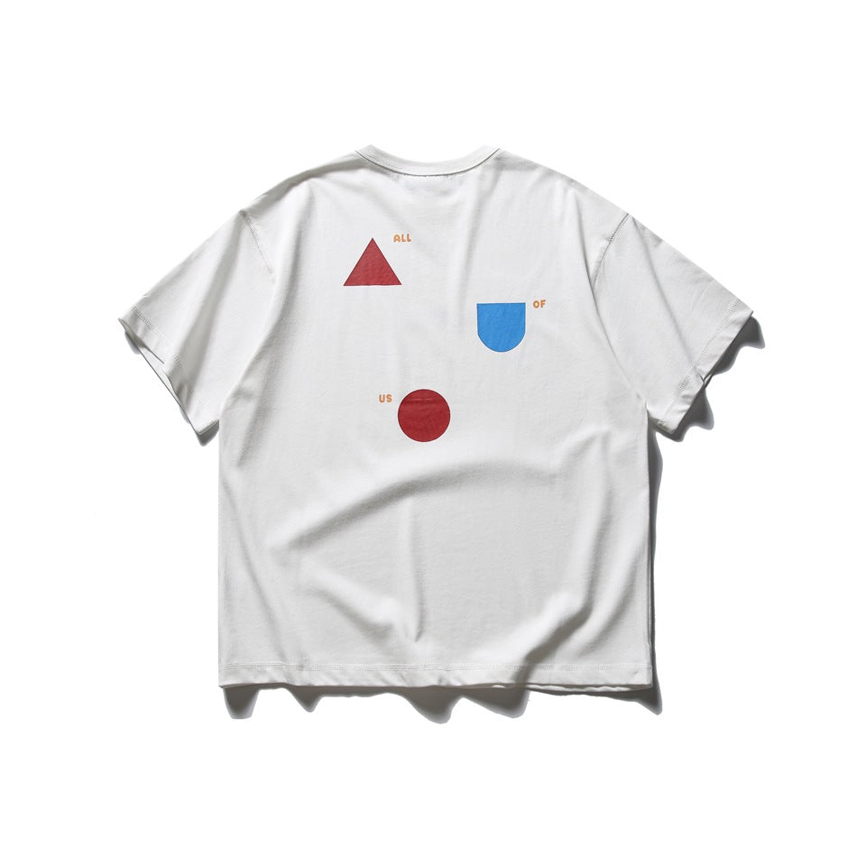 White short-sleeve T-shirt flat lay, back view, with red triangle, blue U shape, red circle and small orange ALL OF US text