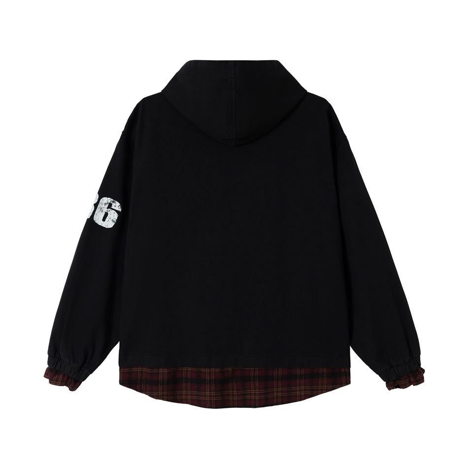 Back view of a black hooded jacket with a burgundy plaid hem and cuffs and a white sleeve number graphic.