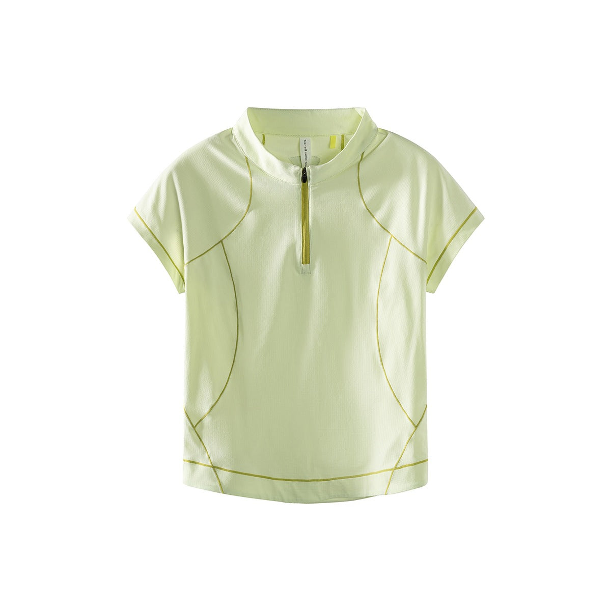 Pale lime green short-sleeve quarter-zip top with olive-yellow contrast topstitching, flat view
