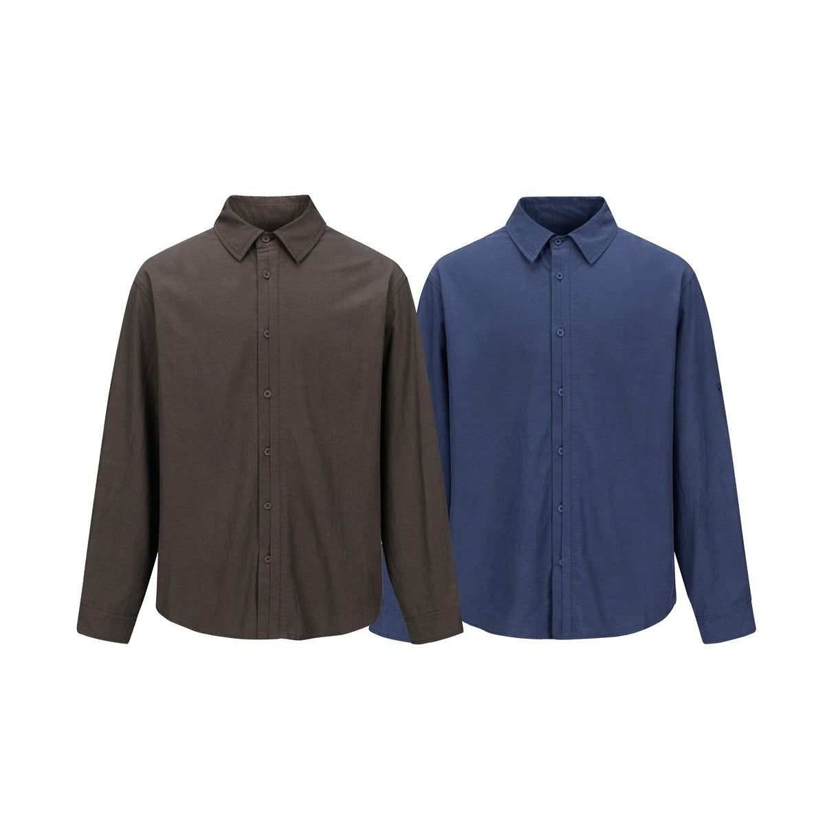 Two long-sleeve button-up shirts shown from the front in dark brown and blue.