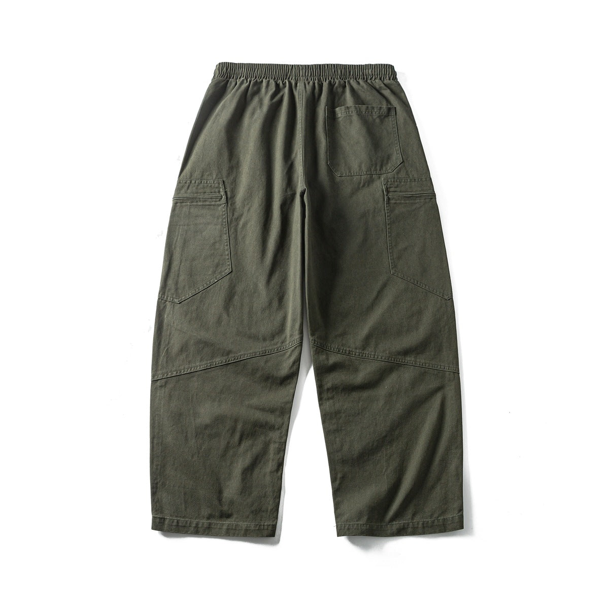 Back view of olive cargo pants with an elastic waist, one rear pocket, and large side pockets.