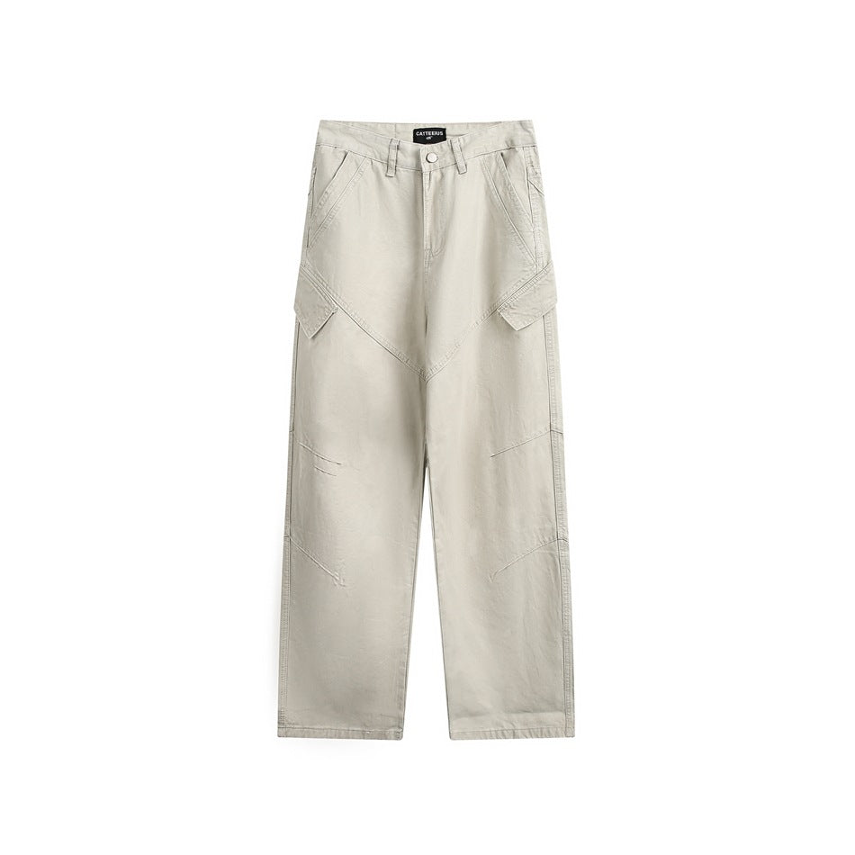 Light khaki straight-leg cargo pants, flat lay front view with angled thigh flap pockets and diagonal seams