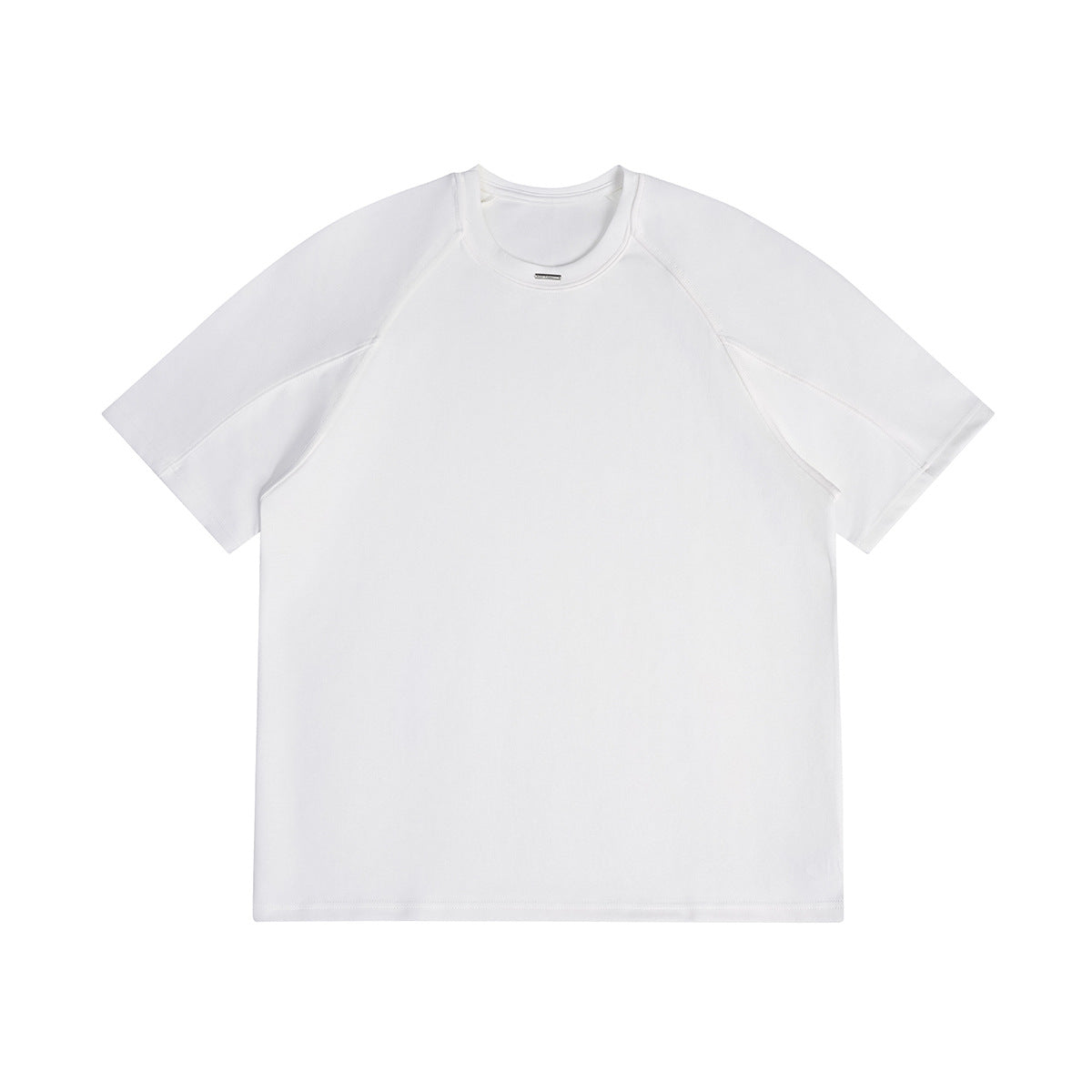 White short-sleeve crew neck T-shirt with raglan sleeves and a small metal tag at the neckline, flat front view
