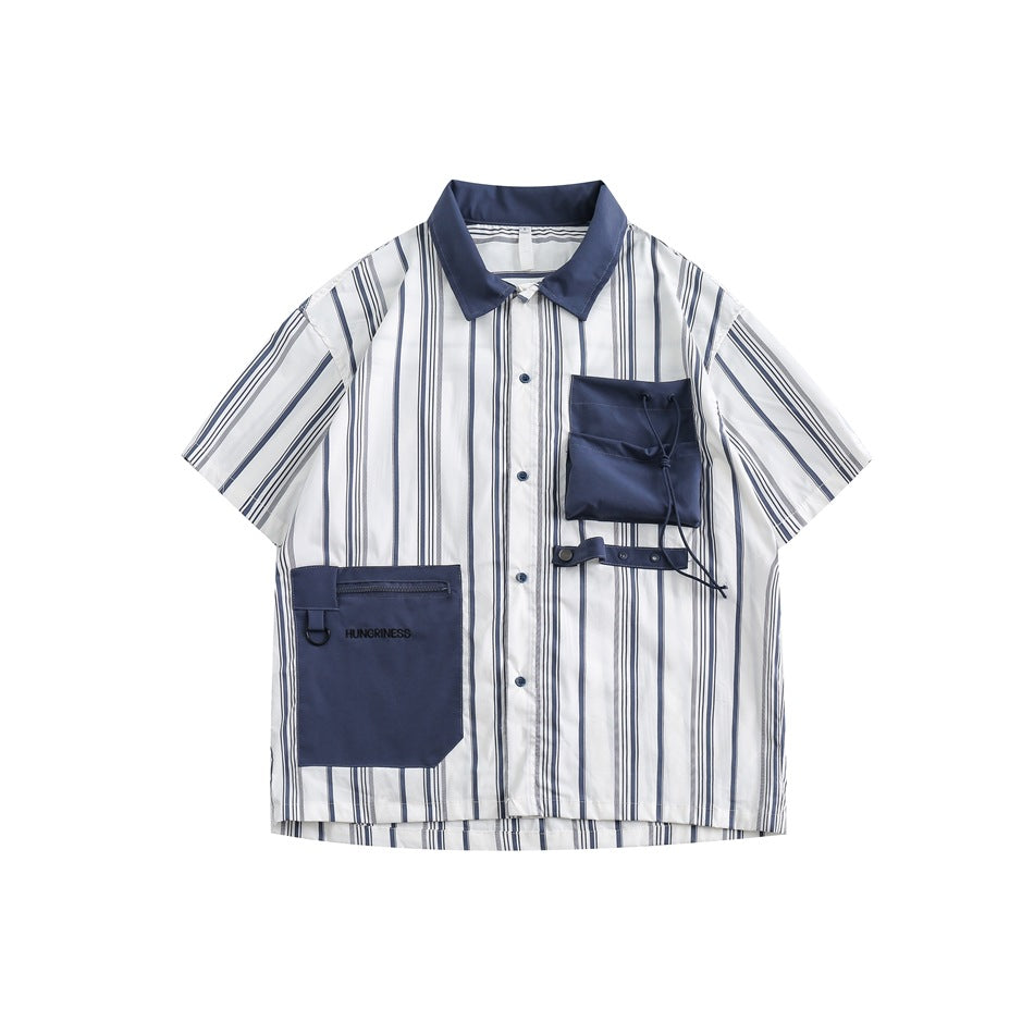 Navy and white striped short-sleeve button shirt with navy collar, zip pocket and drawstring chest pocket, flat lay