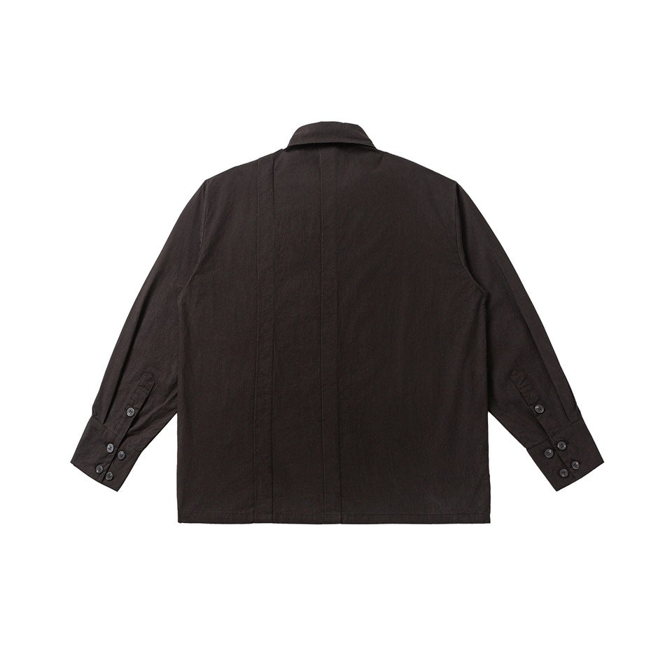 Back view of a dark brown long-sleeve collared shirt with buttoned cuffs and vertical seams.