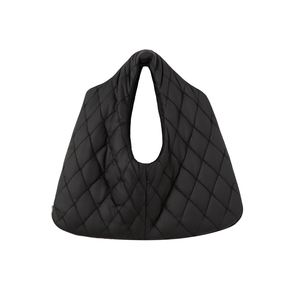 Black diamond-quilted shoulder bag with a large loop handle, shown against a white background.