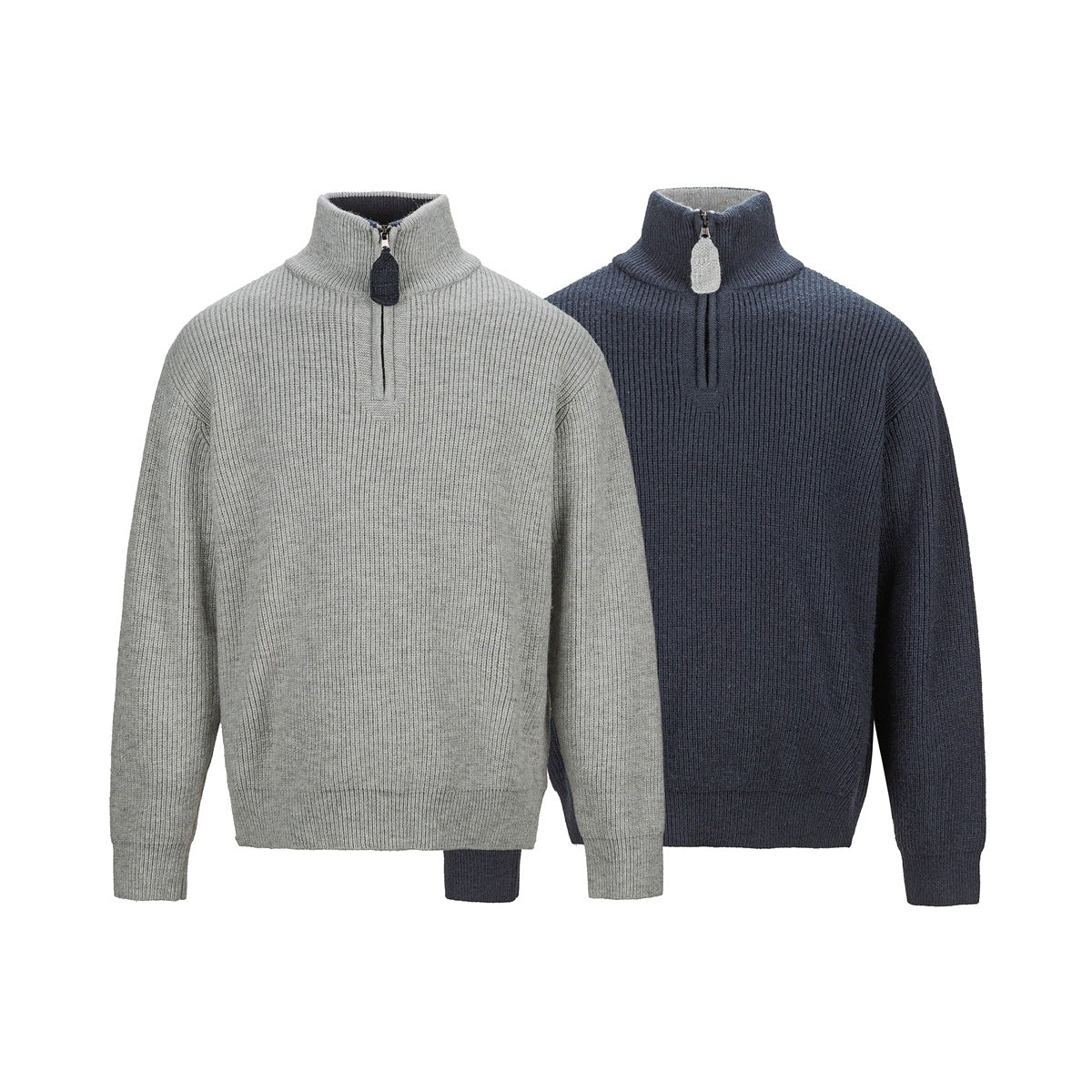 Two rib-knit quarter-zip sweaters shown from the front in light gray and dark navy.