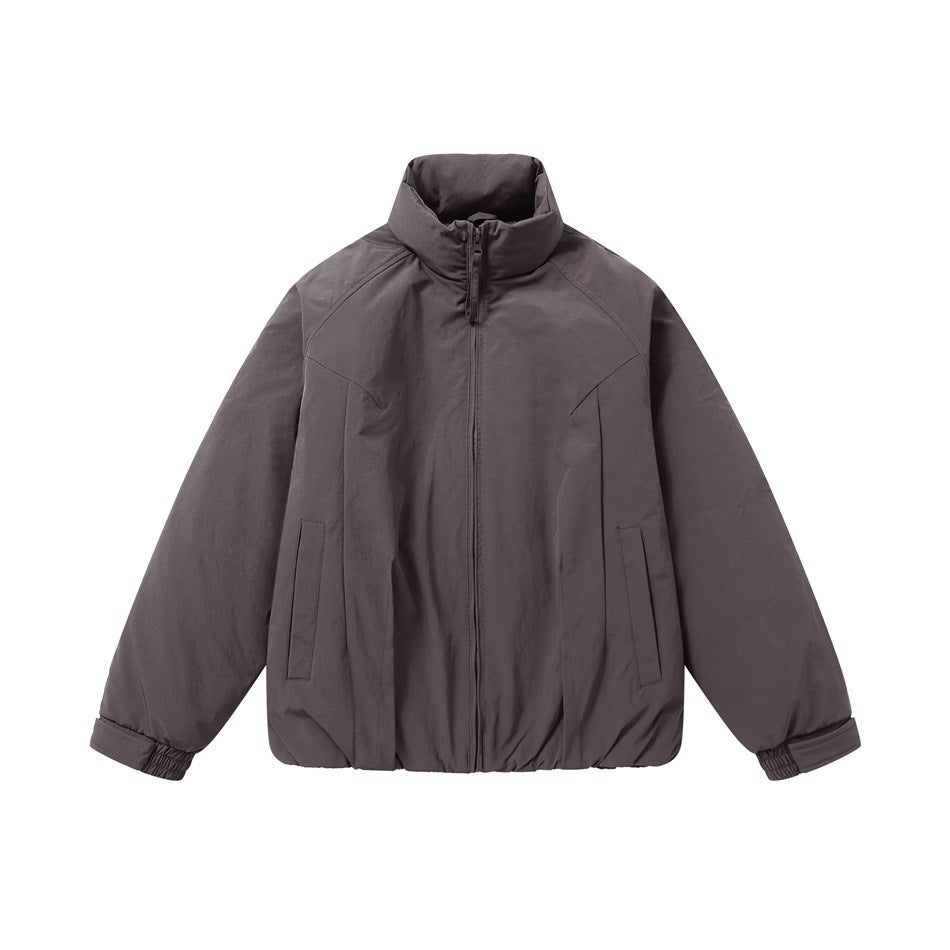 Front view of a dark gray jacket with a tall stand collar, full-length zipper, and two side pockets.