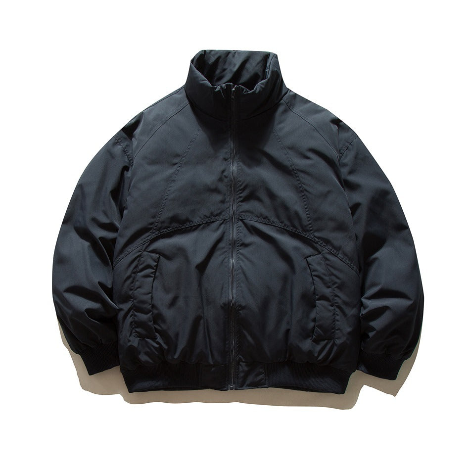 Navy blue stand-collar zip jacket with raglan seams, front pockets and ribbed cuffs and hem, flat lay front view
