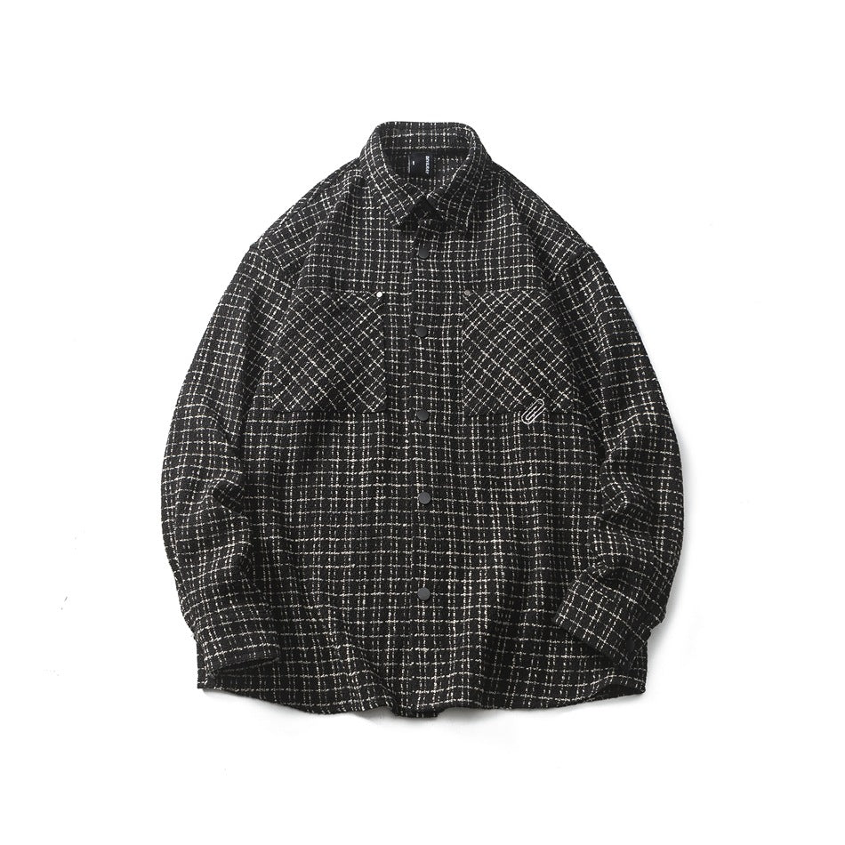 Black and white grid-check long-sleeve shirt-jacket flat lay with snap buttons and two chest flap pockets