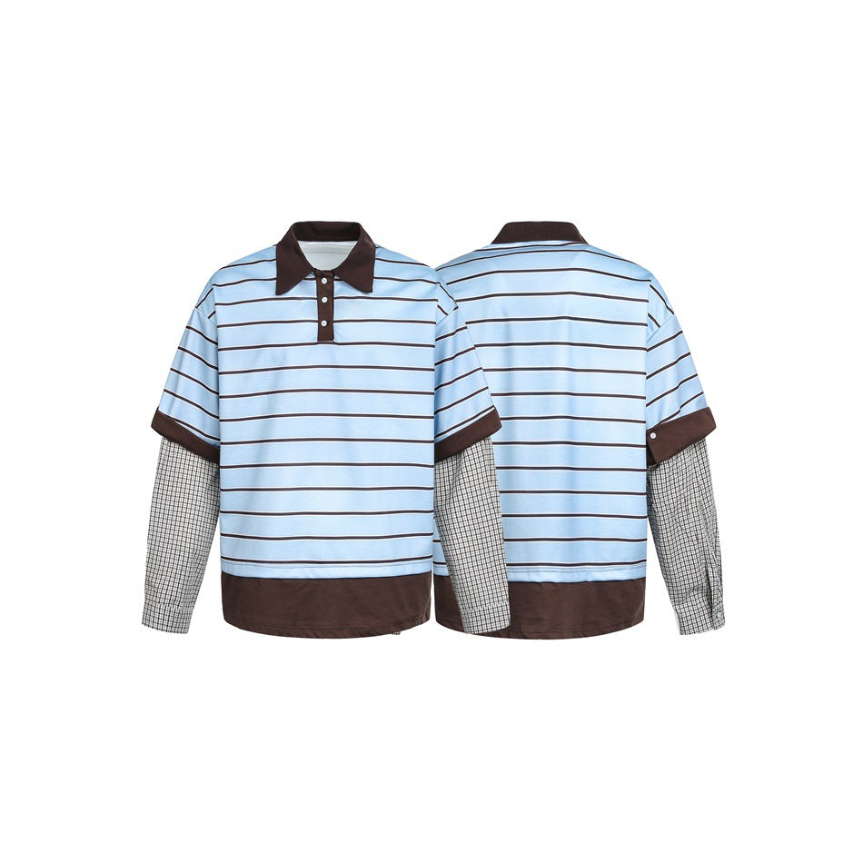 Light blue striped polo-style top shown from front and back, with brown collar, placket, cuffs and hem over plaid long