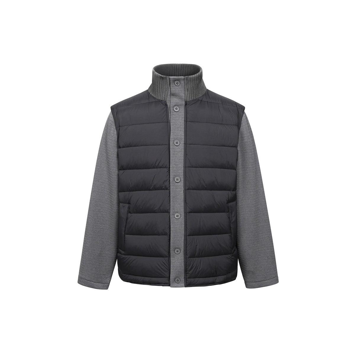 Black quilted jacket with gray ribbed collar, button placket and gray textured sleeves, flat front view