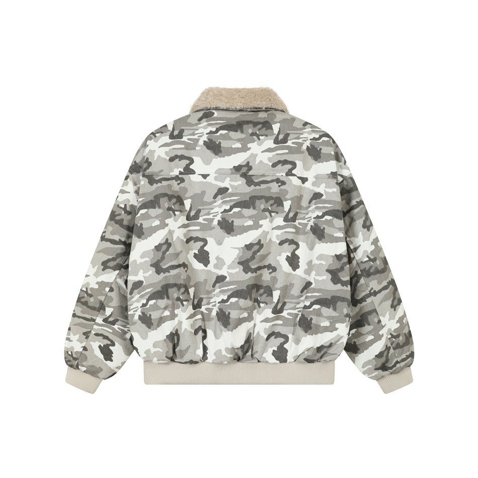 Back view of a gray, white, and charcoal camouflage jacket with a beige fuzzy collar and ribbed cuffs and hem.