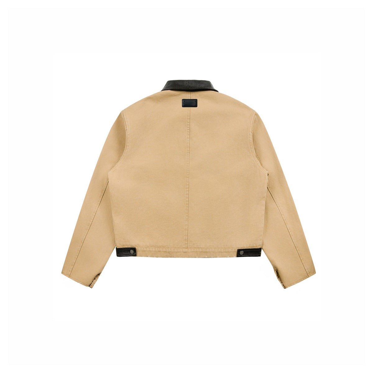 Back view of khaki jacket with black collar, center seam, small patch label and black waist tabs with snaps
