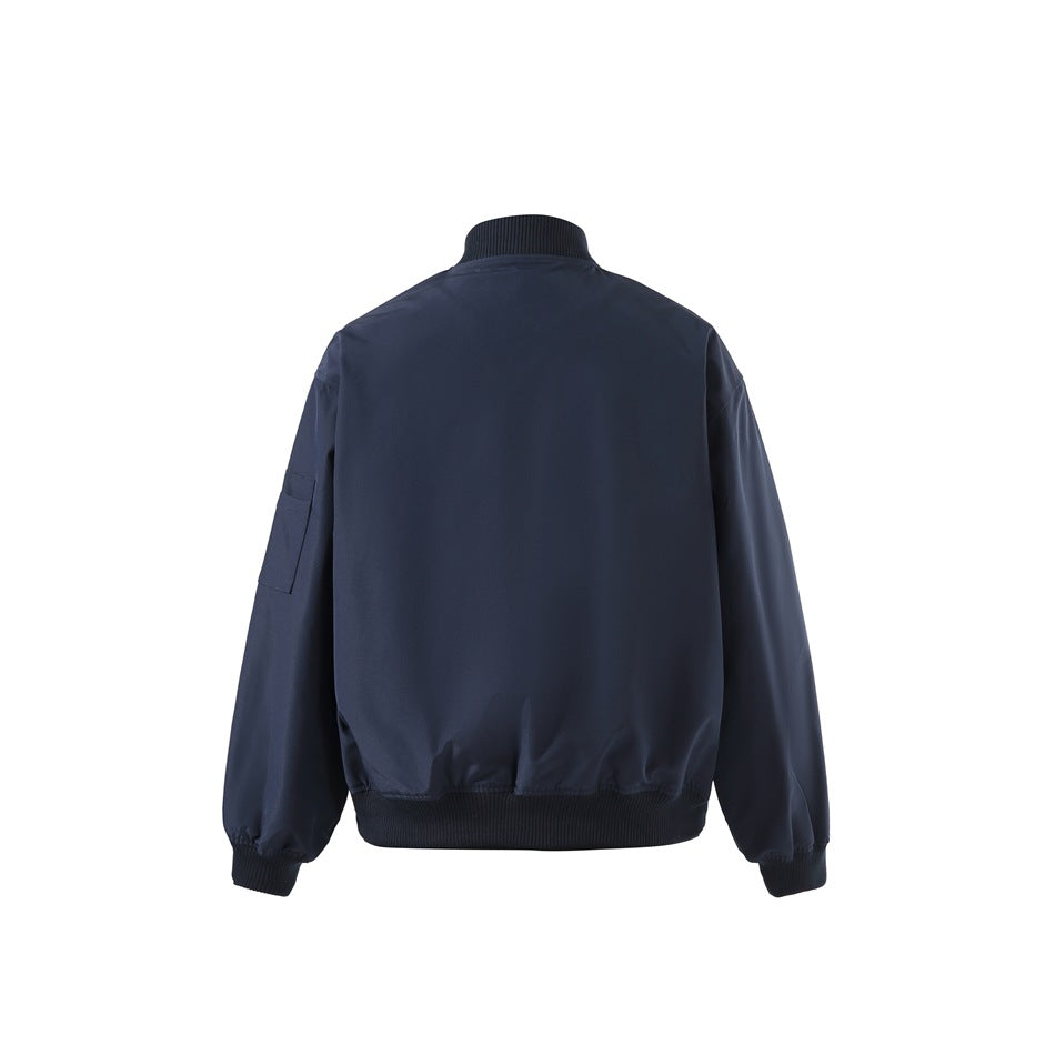 Back view of a navy bomber jacket with a ribbed collar, cuffs, and hem, plus a sleeve pocket.